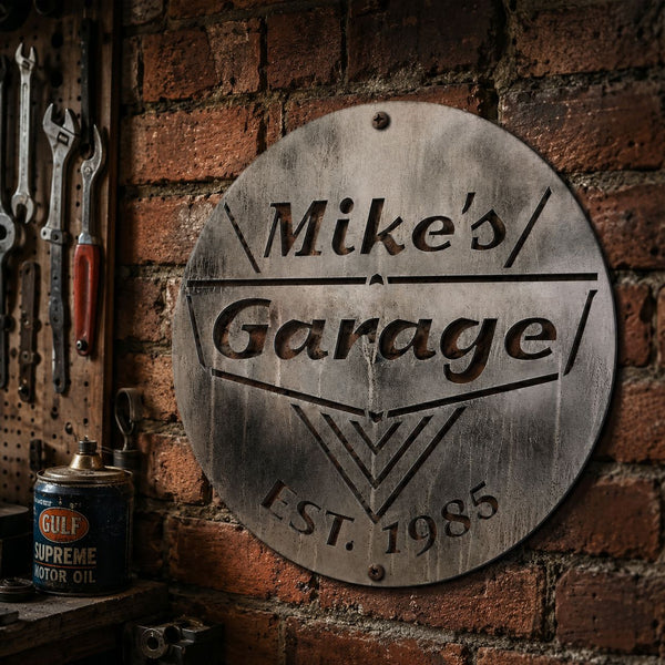 Custom Name & Year Garage Man Cave Steel Workshop Sign For Him - Personalized Metal Sign | Rustic Workshop Decor Gift