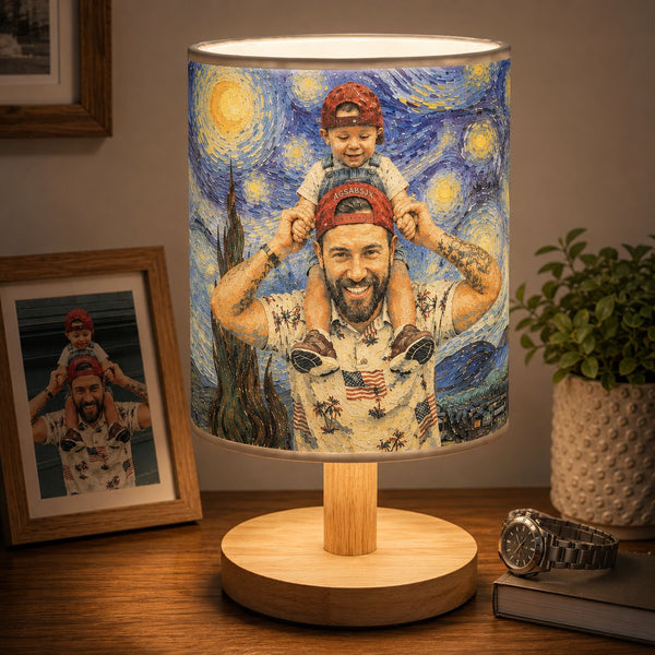 Custom Photo Van Gogh Style Father's Day Gift For New Dad, Husband - Personalized Fabric Lamp | Unique Cozy Home Decor Gift