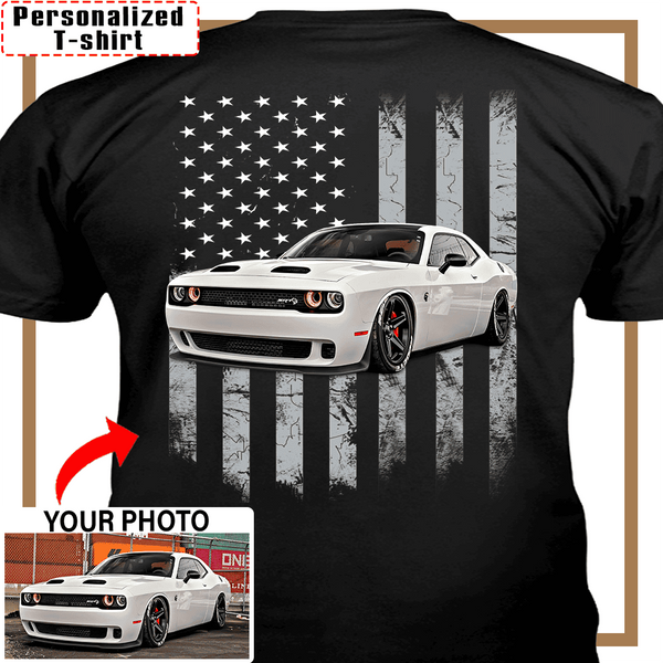 Muscle Car Dodge Challenger Custom Photo T-shirt, Dodge Charger Personalized T-shirt funny gifts for car guys American Flag T-shirt - PSTP2DTS000008