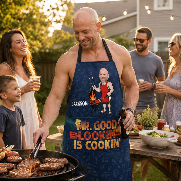 Mr. Good Lookin' Is Cookin' Funny Father's Day Gift For Dad, Husband, Grandpa - Personalized Apron | Fun BBQ Chef Gift For Men