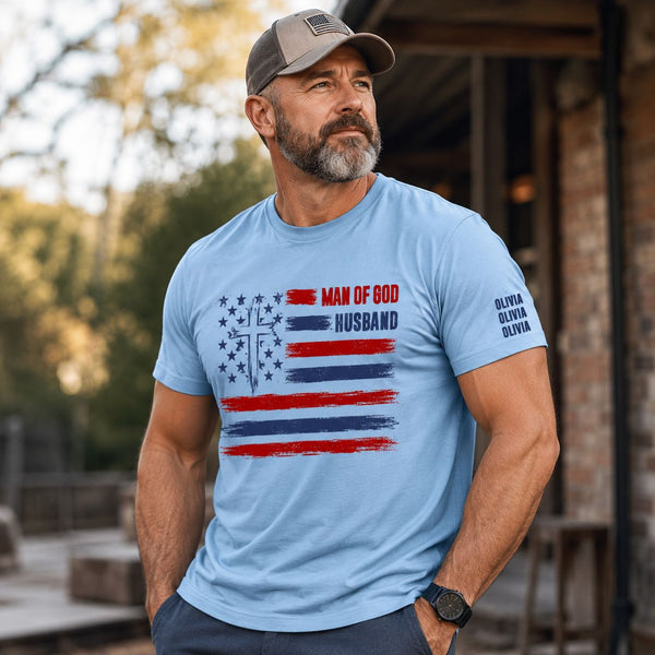 Man Of God, Husband, Dad, Papa Kids' Names Sleeve - Personalized Shirt