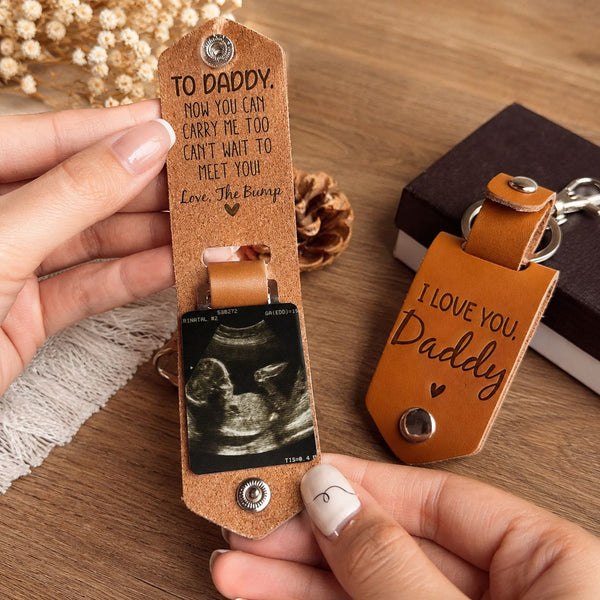 Daddy Can't Wait To Meet You From The Bump - Personalized Leather Photo Keychain