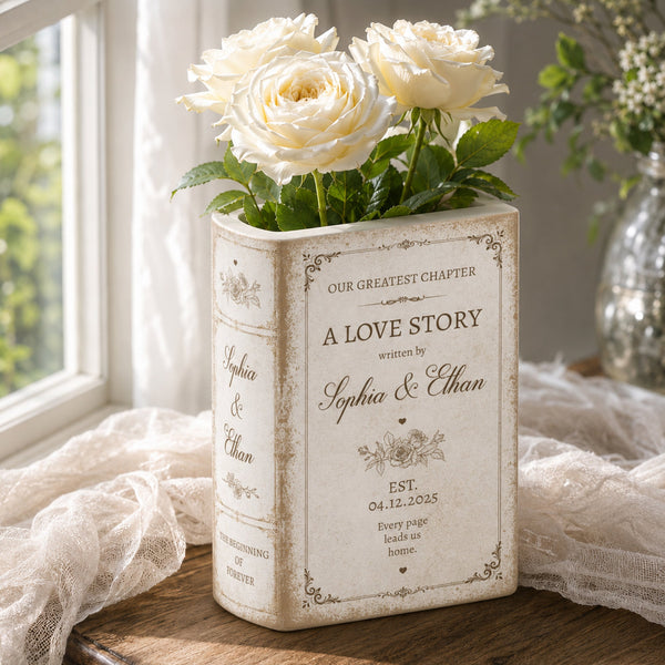 Personalized A Love Story Written By Couples Book Shaped Ceramic Vase