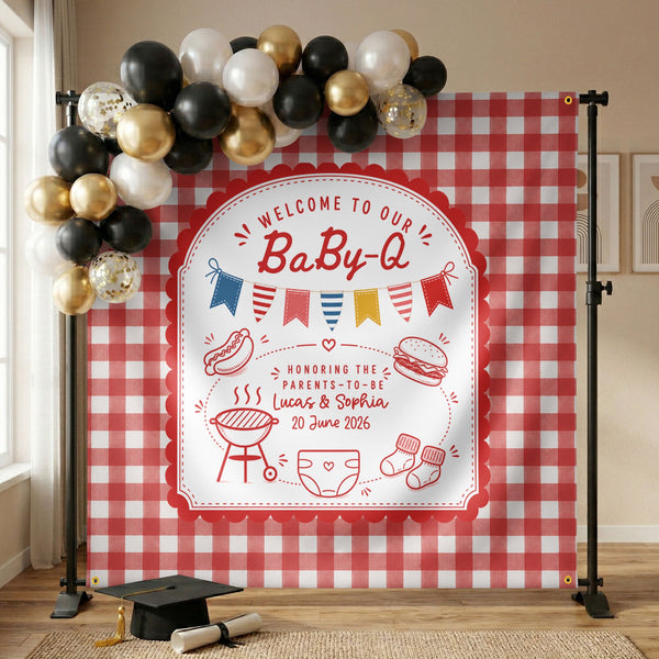 Personalized Baby-Q Baby Shower Backdrop – Custom Name Photo Background Banner