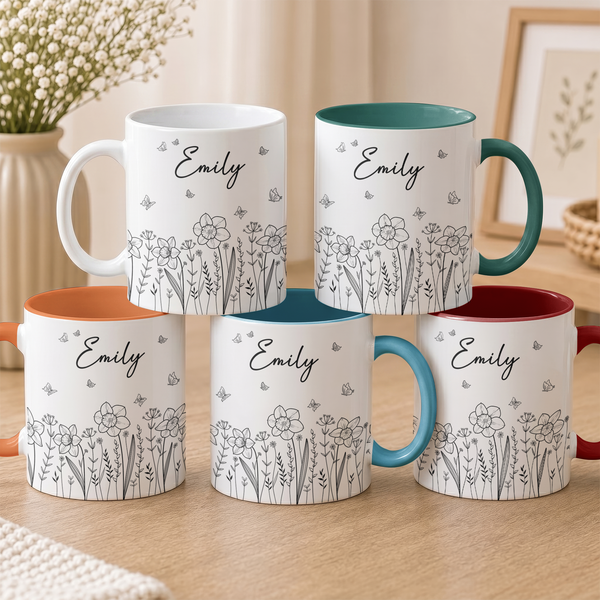 Birth Flower Coffee Mug, Custom Birth Flower & Name Gift For Her - Personalized Mug