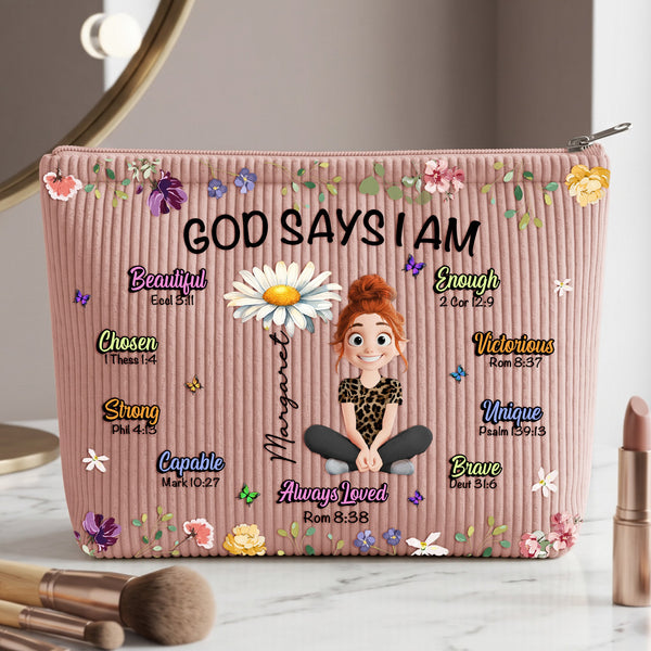 Birth Flower God Says I Am - Personalized Makeup Bag