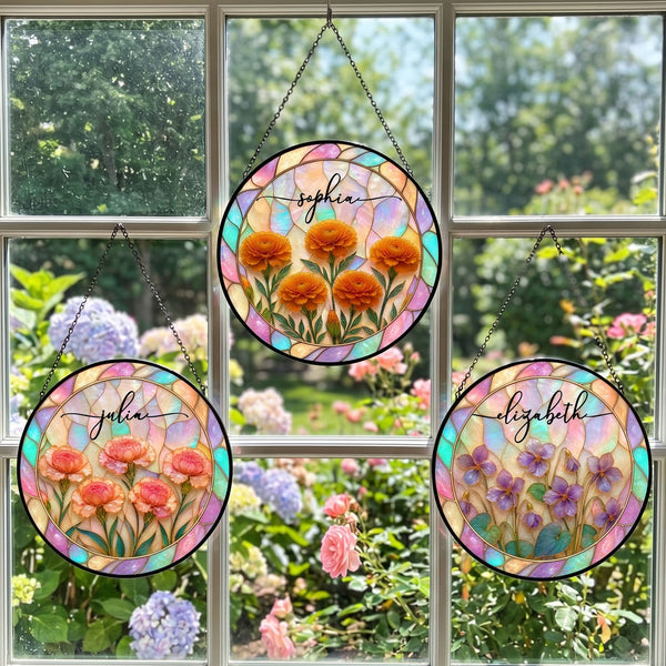 Birth Flower Mother Of Pearl Home Decor - Personalized Window Hanging Suncatcher | Elegant Floral Gift
