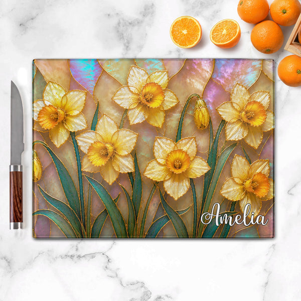 Birth Flower Mother-Of-Pearl Kitchen Decor - Personalized Cutting Board | Elegant Floral Kitchen Gift