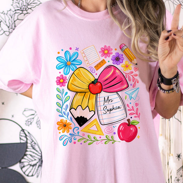 Boho Floral Bow Pencil - Personalized Shirt | Custom Teacher Back To School Graphic Tee
