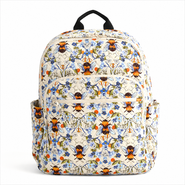 Floral And Bee Quilted Backpack With Three-Zippers LD11