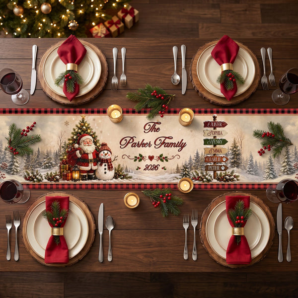 Personalized Christmas Table Runner, Custom Family Name Santa & Snowman Holiday Dining Decor