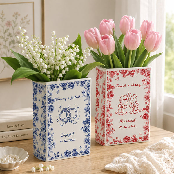 Personalized Toile De Jouy Couple Wedding Book Shaped Ceramic Vase