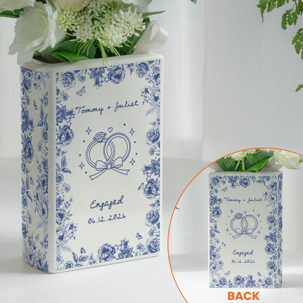 Personalized Toile De Jouy Couple Wedding Book Shaped Ceramic Vase