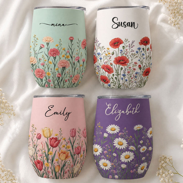 Personalized Birth Flower Wine Tumbler - Custom Name Stainless Steel Travel Cup, Birthday Gift For Her