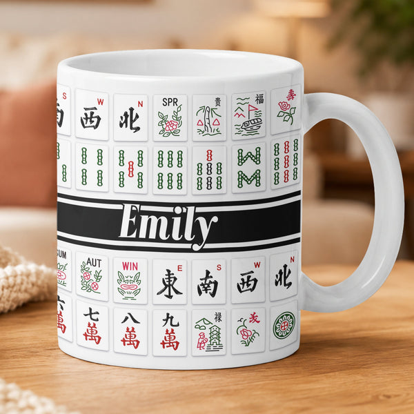 Personalized Monogram Mahjong Tiles Coffee Mug – Custom Name Ceramic Cup Gift for Mahjong Lovers & Players