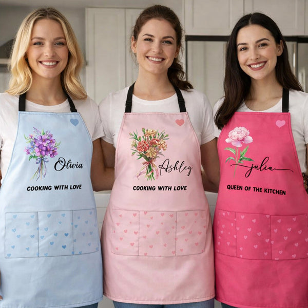 Custom Birth Flower & Name, Floral Apron Gifts For Her, Friends, Daughter, Mom, Grandma - Personalized Apron