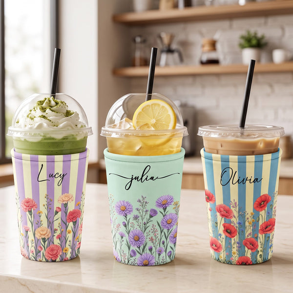 Personalized Birth Flower Iced Coffee Sleeve - Custom Name Gift for Women