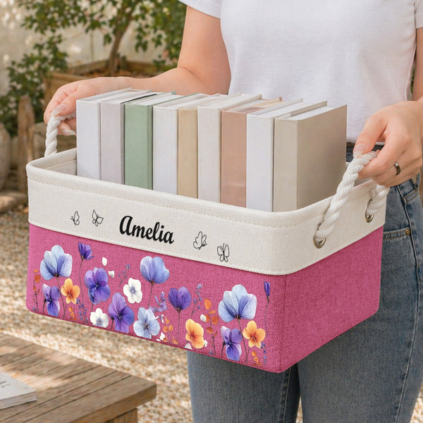 Custom Birth Flower & Name - Storage Basket | Floral Home Decor Gift