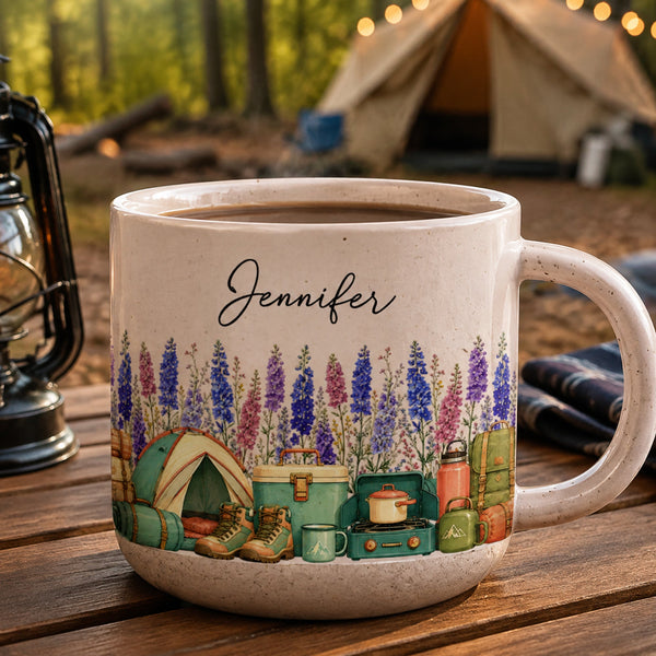 Personalized Birth Flower Pottery Mug - Custom Name Ceramic Coffee Cup, Camper Camping Gift