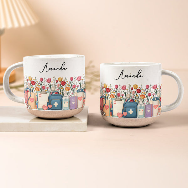 Personalized Birth Flower Pottery Mug - Custom Nurse Name Gift for Her