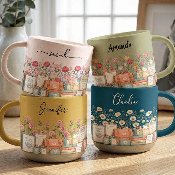 Personalized Birth Flower Pottery Mug - Custom Name Ceramic Coffee Cup, Gift For Social Worker