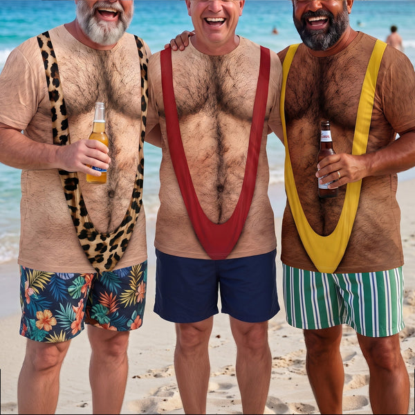 Funny 3D Hairy Chest Borat Swimsuit Shirt - Mens Beach & Bachelor Party Gag Gift