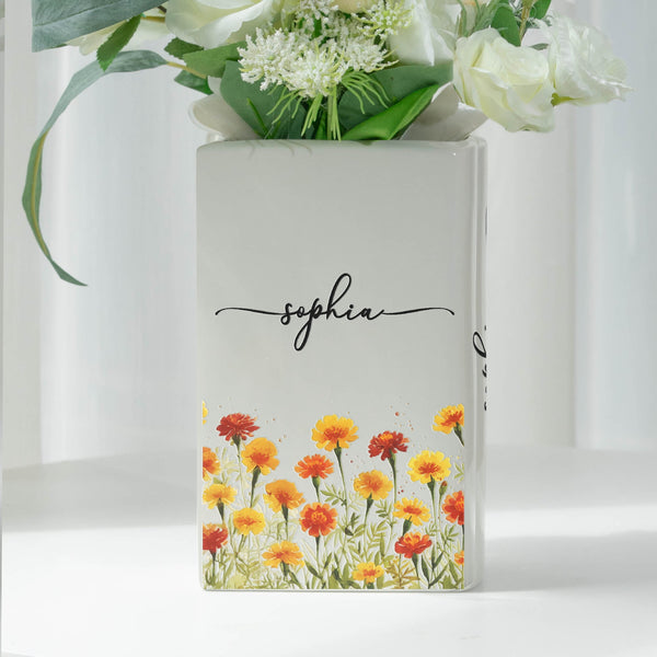Custom Name & Birth Flower Birthday Gift For Her, Sisters, Daughter, Friends - Personalized Vase