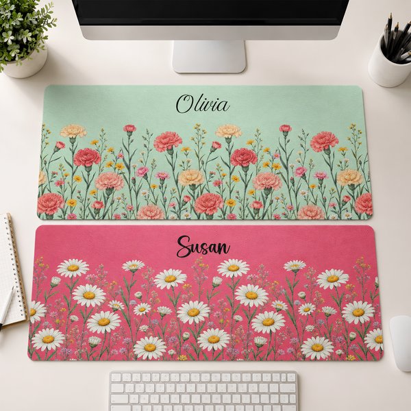 Personalized Birth Flower Desk Mat - Custom Name PU Leather Mouse Pad Gift for Her
