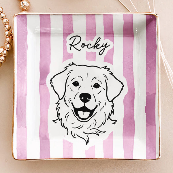 Custom Pet Portrait Sketch Line Art Striped Pattern - Personalized Jewelry Dish