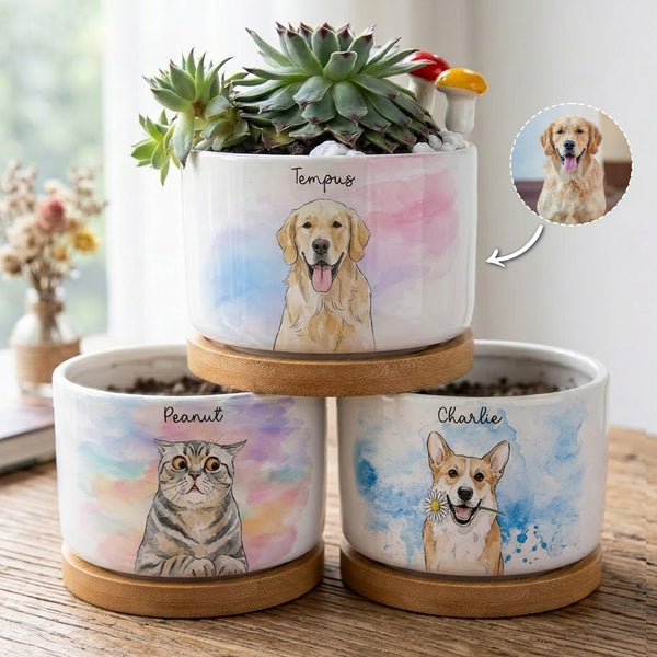 Custom Pet Portrait Watercolor Loss Of Pet Gift - Personalized Plant Pot