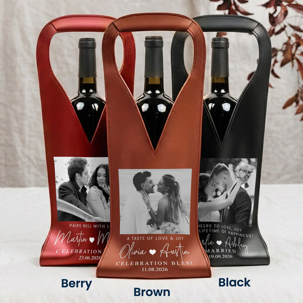 Custom Photo & Name, Date Gifts For Couples, Anniversaries, Wedding - Personalized Leather Wine Bag