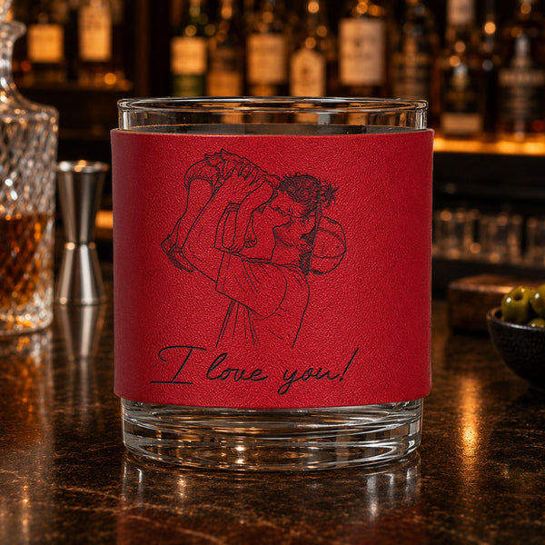 Custom Photo Sketch Line Art Father's Day - Personalized Whiskey Glass