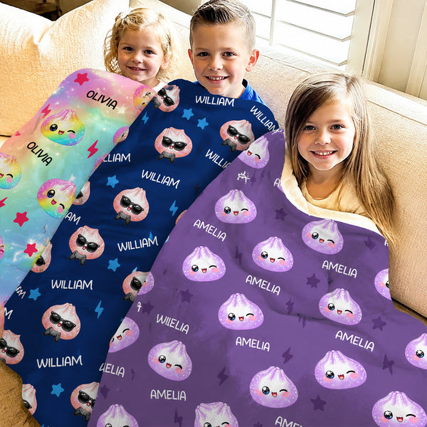Personalized Cute Dumpling Fleece Blanket - Custom Name Cozy Sherpa Throw