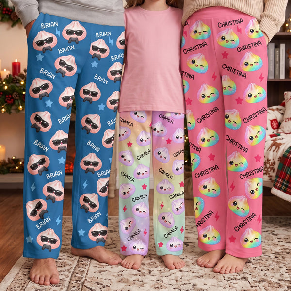 Personalized Cute Dumpling Lounge Pants, Custom Name Pajama Bottoms for Kids & Adults