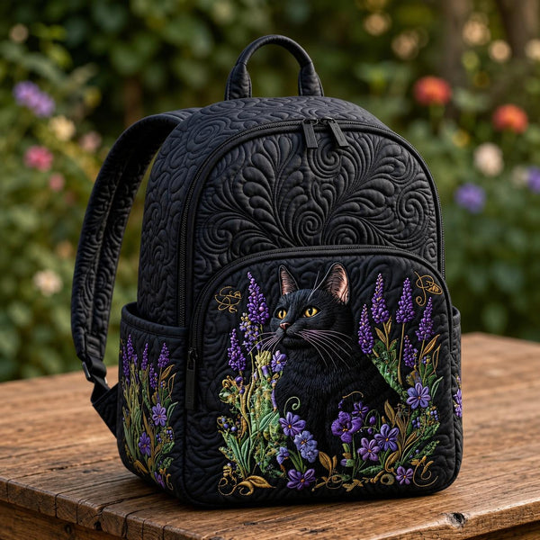 Black Cat & Lavender Quilted Backpack LD06
