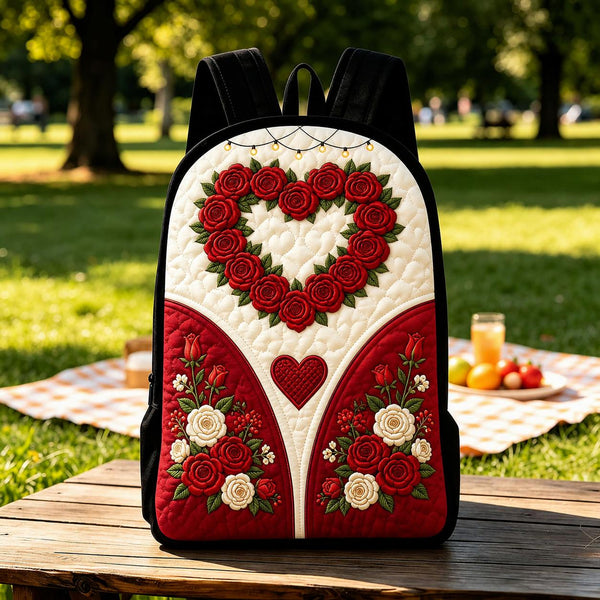 Romantic Rose & Heart Quilted Backpack With Black Strap LD02