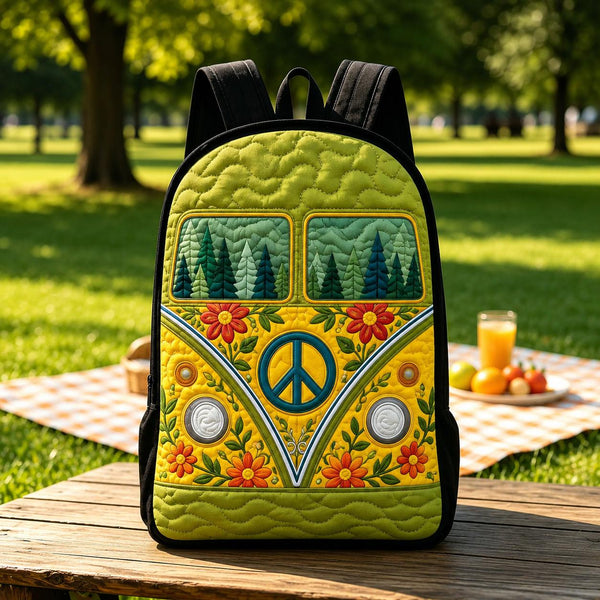 Vintage Hippie Camper Van Quilted Backpack With Black Strap LD03