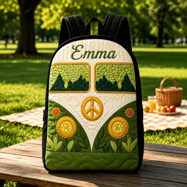 Hippie Camper Van Personalized Quilted Backpack With Black Strap LD06