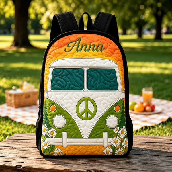 Hippie Van Personalized Quilted Backpack With Black Strap LD07