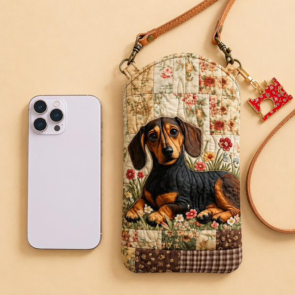 Floral Patchwork Dachshund Quilted Slim Phone Crossbody Bag LD06