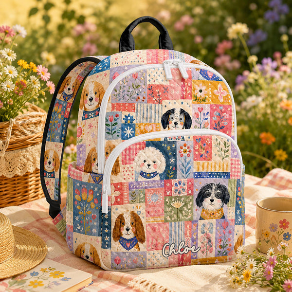 Flower & Dog Pattern Personalized Quilted Backpack LV16
