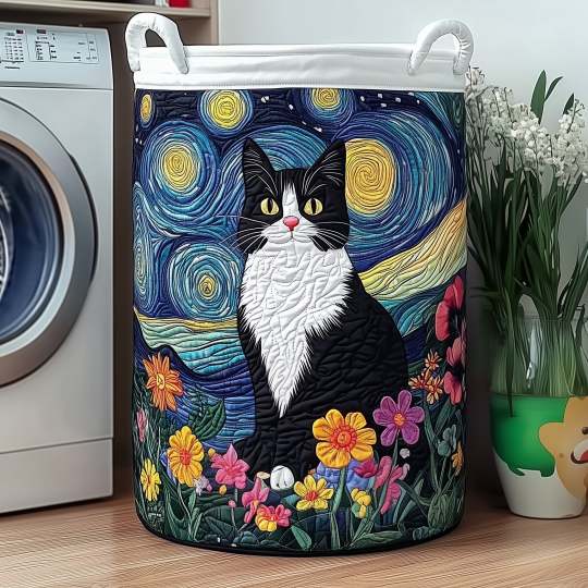 Cat Under Starry Night Quilted Laundry Basket QH24
