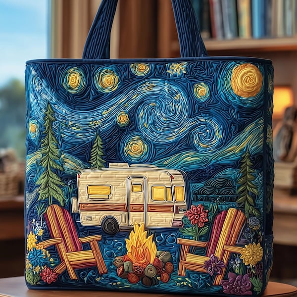 Camper, Starry Night Landscape Handbag Quilted Tote Bag QH06