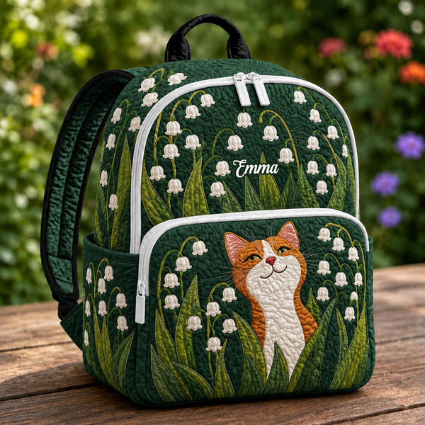 Orange Cat & Lily of the Valley Personalized Quilted Backpack TG14
