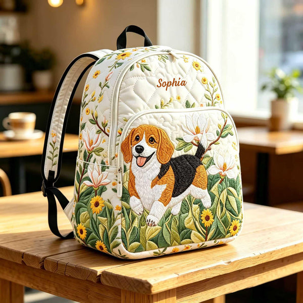Beagle Puppy and Floral Personalized Quilted Backpack TG45