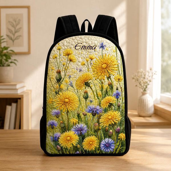 Cottagecore Wildflower Personalized Quilted Backpack With Black Strap TG09