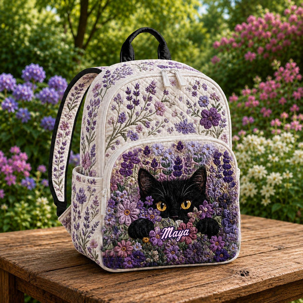 Black Cat & Purple Lavender Personalized Quilted Backpack TN22