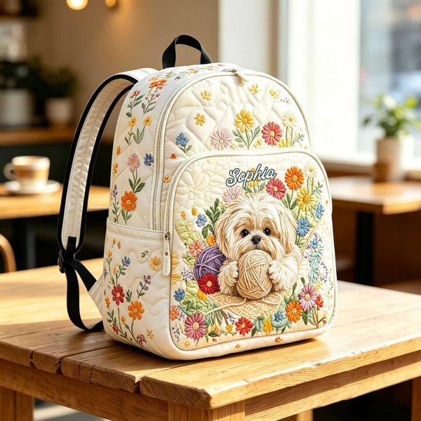 Cute Dog and Floral Personalized Quilted Backpack TN37