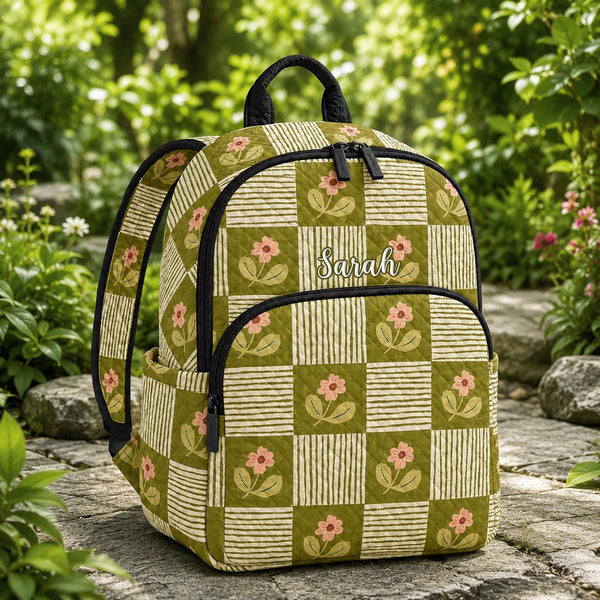 Green Patchwork Daisy Personalized Quilted Backpack TN50