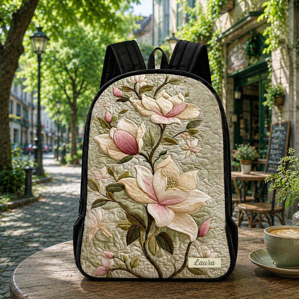 Magnolia Floral Personalized Quilted Backpack With Black Strap TN02